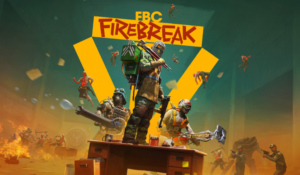 A trio of armed characters poses atop a desk in a chaotic urban environment, with enemies and debris flying in a vibrant, action-packed scene.