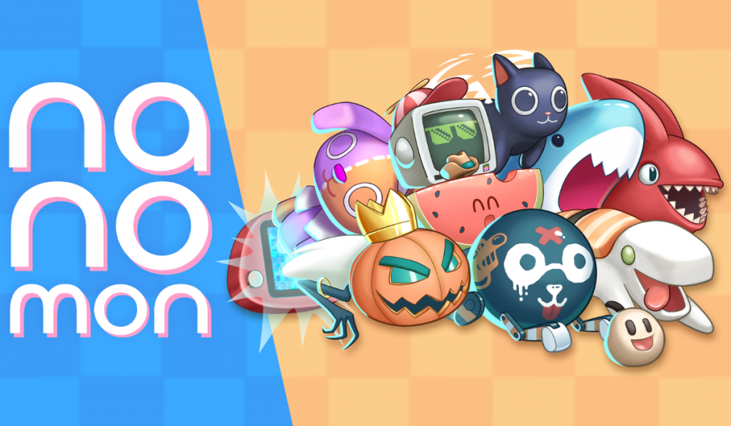 Nanomon key art. The Nanomon text logo can be seen on the left side of the image, on the right side are a lot of different Nanomon, ready for an adventure.