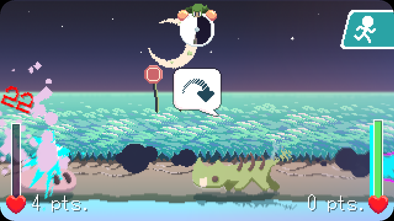 Two Nanomon fighting, one is a blob while the other is a dinosaur looking thing.