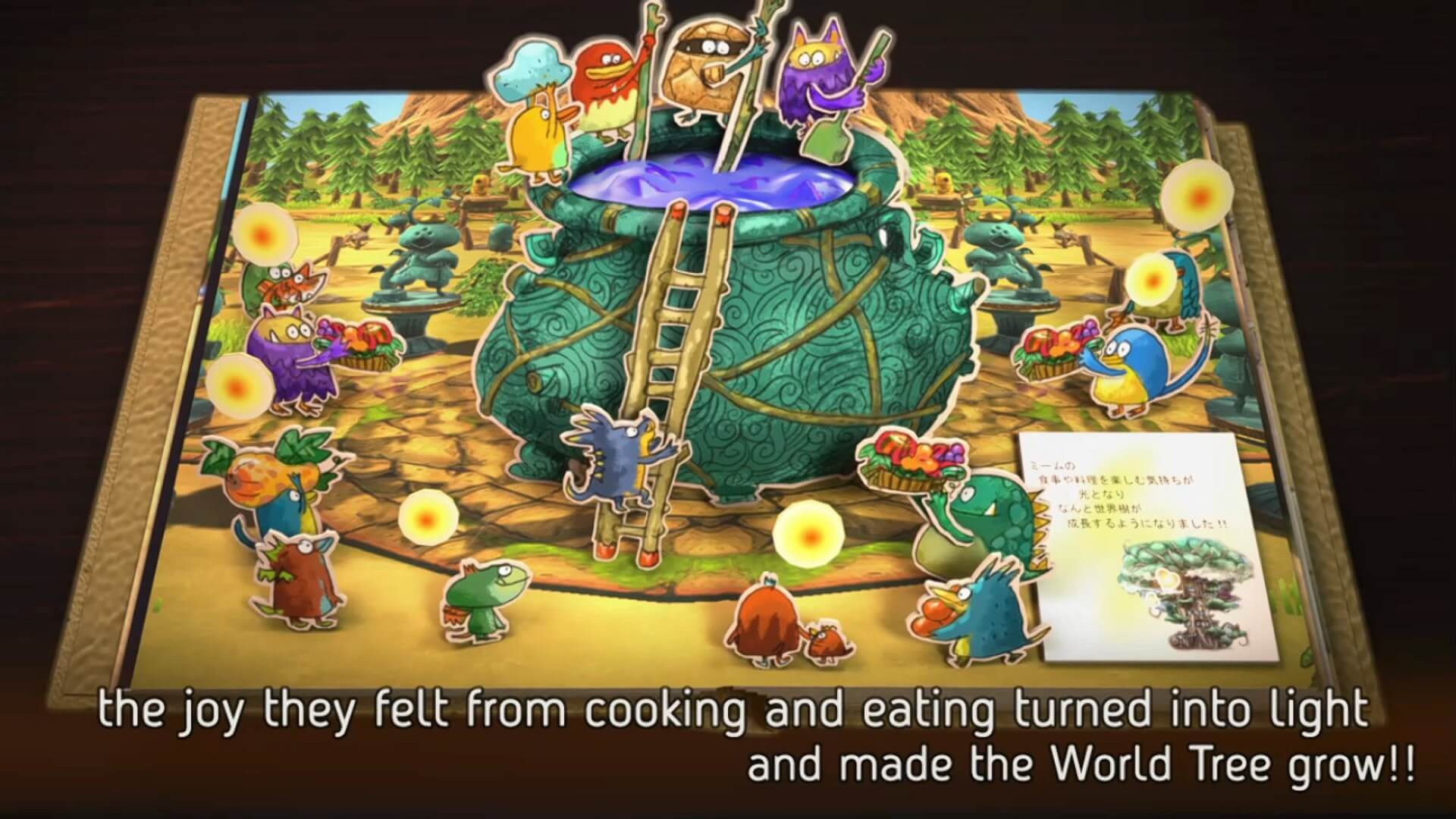 A colorful scene of whimsical characters around a large cauldron, celebrating cooking and joy, while the World Tree grows in the background.