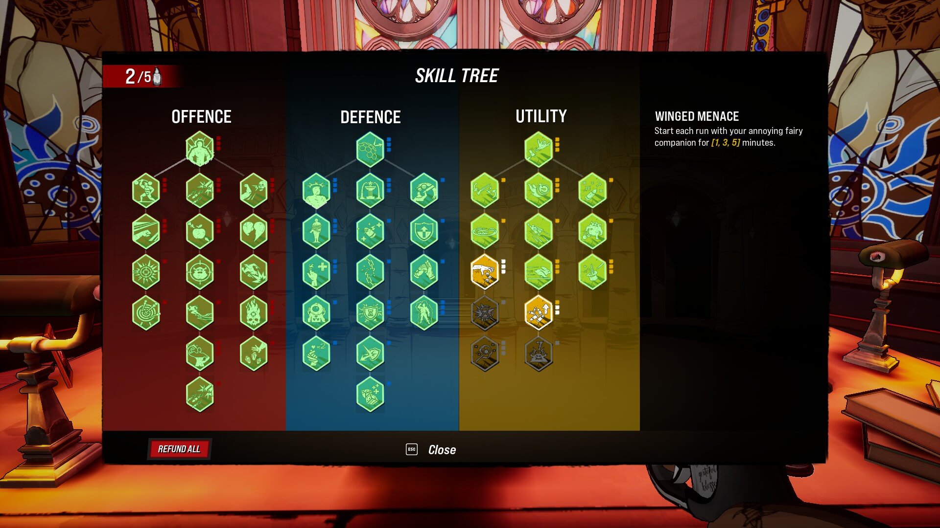 Three skill trees each with a set colour for better separating them. Red for offence, blue for Defence, and yellow for Utility. Each skill is highlighted green, showing that it is currently unlocked. 