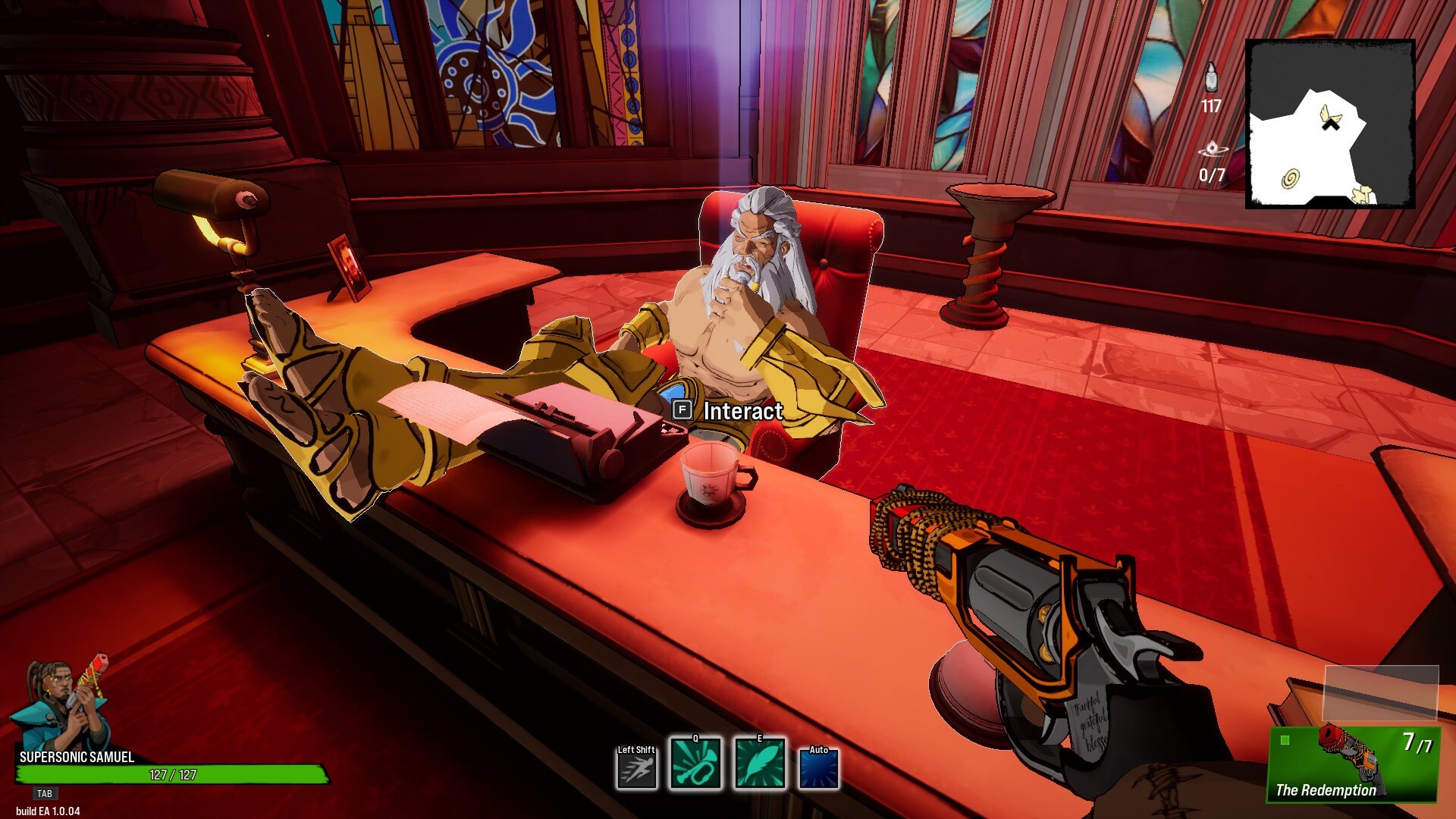 A character who looks like the Greek god Zeus is sat with his feet up behind a desk. 
