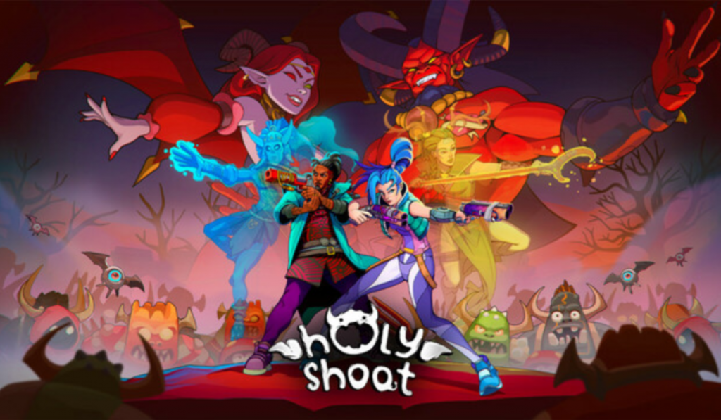 There are multiple demons varying in look and size in a row. Looming over them are two large demons; a pink-skinned female demon with pink skin, pointy ears and red hair, eyes and bat-like wings, and a red-skinned male demon with red skin, yellow eyes and black horns. Below them are two humans, a male and a female, pointing their guns in opposite directions. The text reads ‘Holy Shoot’ in white.