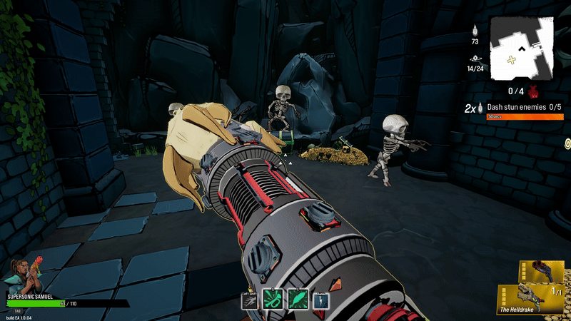 Four short skeletons, three are dancing while one is sat down. One is also dancing atop a chest. The main character is holding a gun with a dragon skull at the end. In the bottom left is a portrait of the character with his name. Supersonic Samuel. Top right is a mini-map and objective box. The objective says “dash stun enemies 0/5”