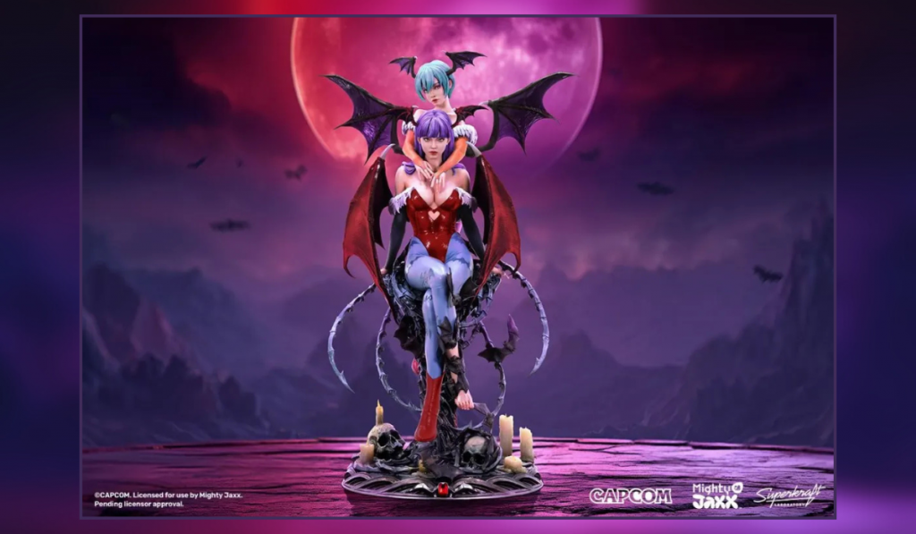 official image for the mighty jaxx superkraft Morrigan statuette. A striking figure with bat wings and a red outfit sits confidently on a gothic throne surrounded by candles and skulls, against a mystical backdrop.