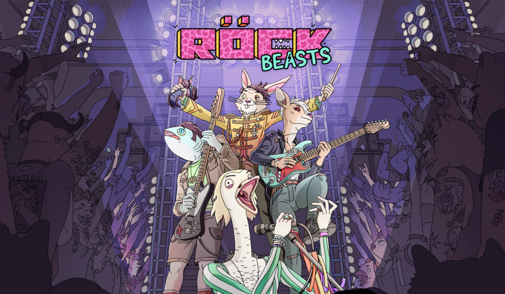 Key art for the game Rock Beasts. A vibrant animated band of anthropomorphic animals performing on stage, rocking out to an excited crowd with colourful lights in the backdrop.