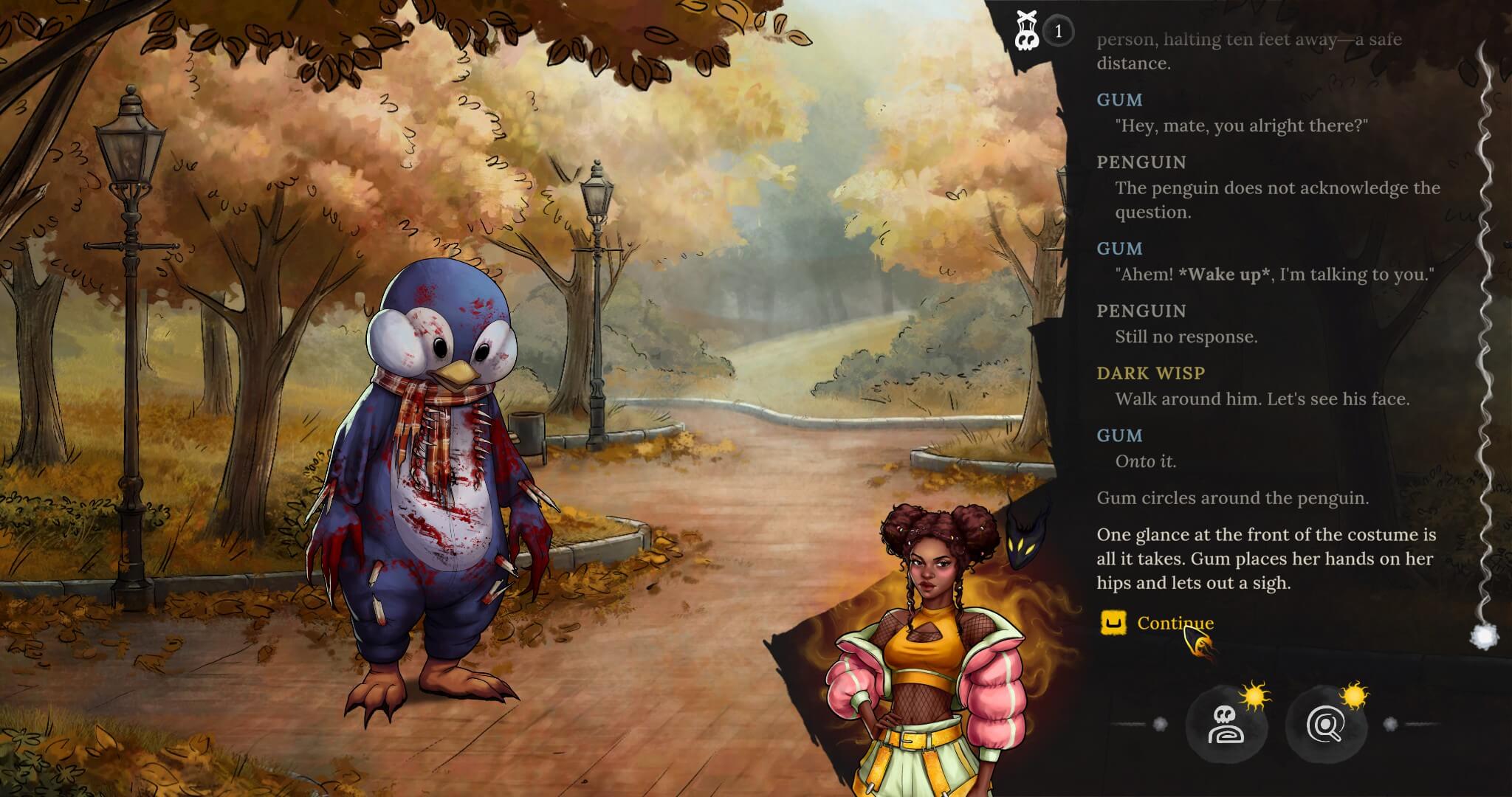 Gum meets a demonic peguin in the park