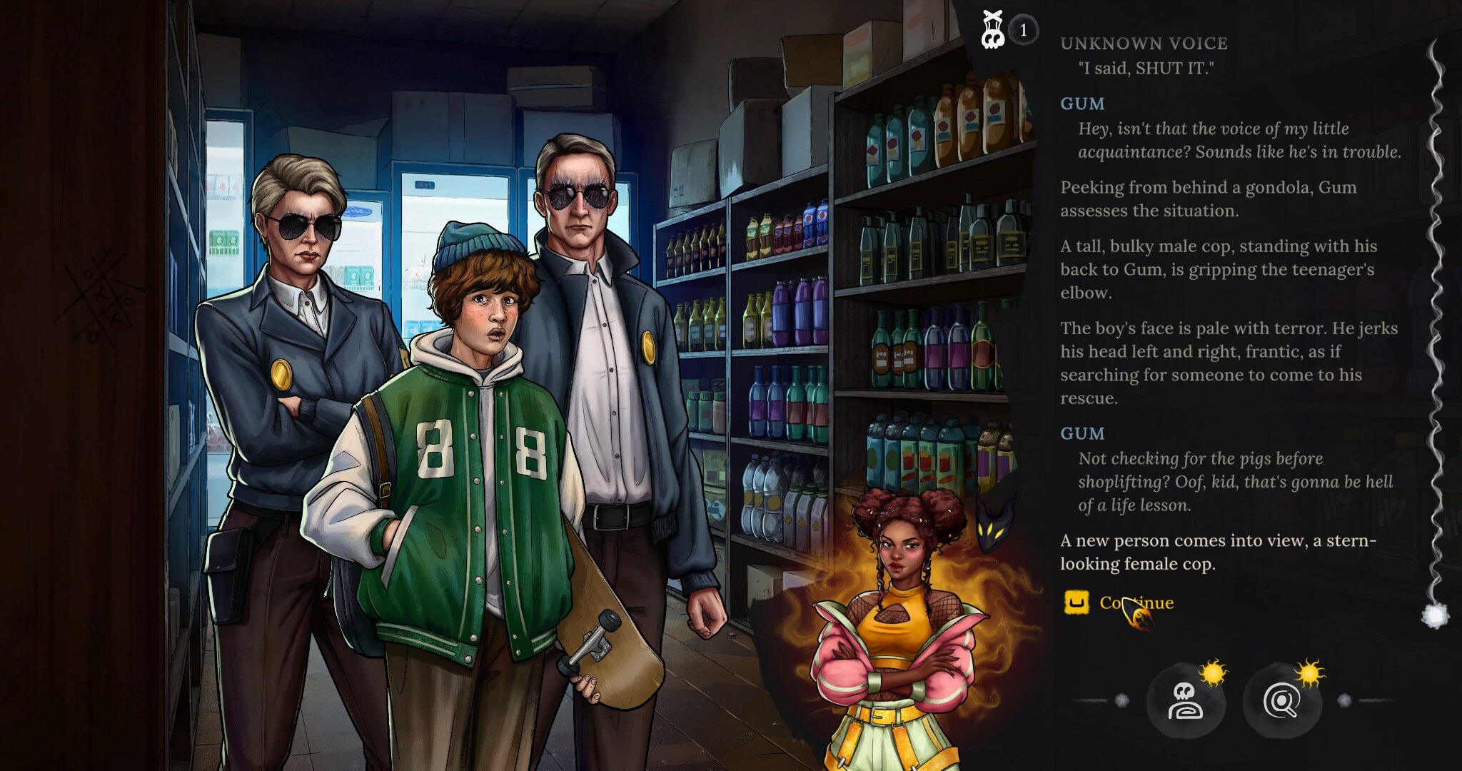 Two police officers escort the character Tom through a supermarket