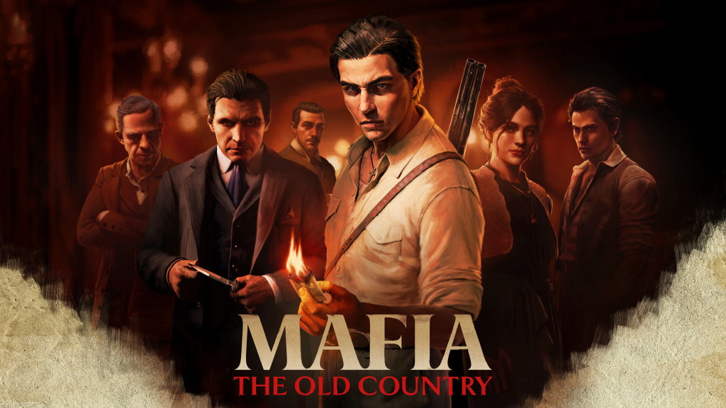 Key art for Mafia: The Old Country. A group of six serious-looking people in vintage attire, fronted by a man holding a burning photograph. The title “Mafia: The Old Country” appears below.