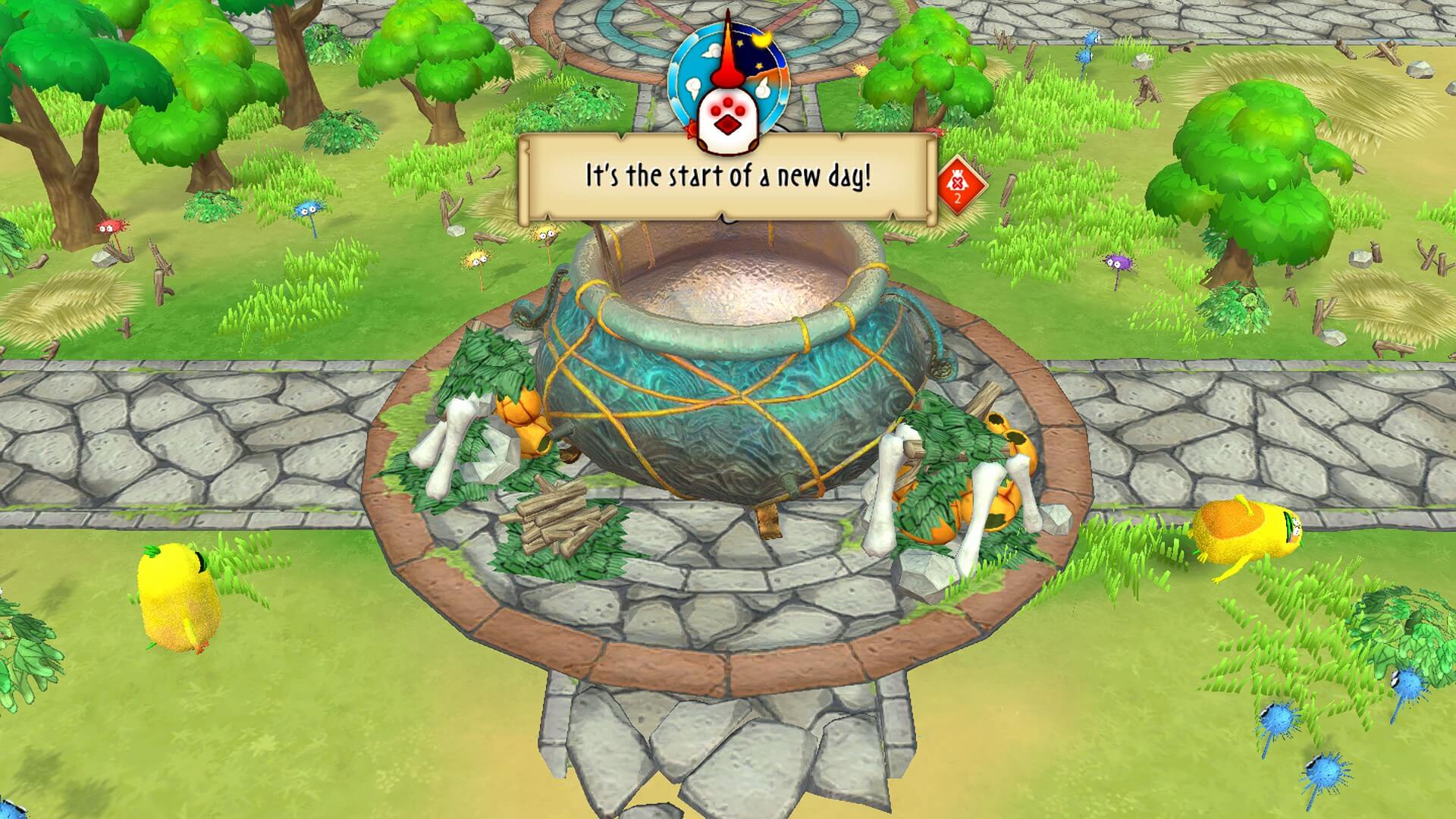 A vibrant game scene featuring a large cauldron, lush greenery, and quirky creatures, announcing the day's start with excitement.