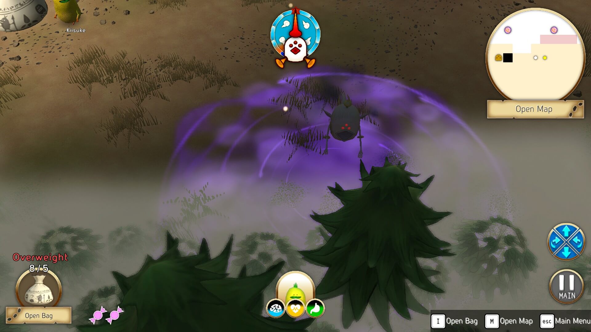 An aerial view of a character named Kii-suke surrounded by trees and a swirling purple mist, with game interface elements visible.