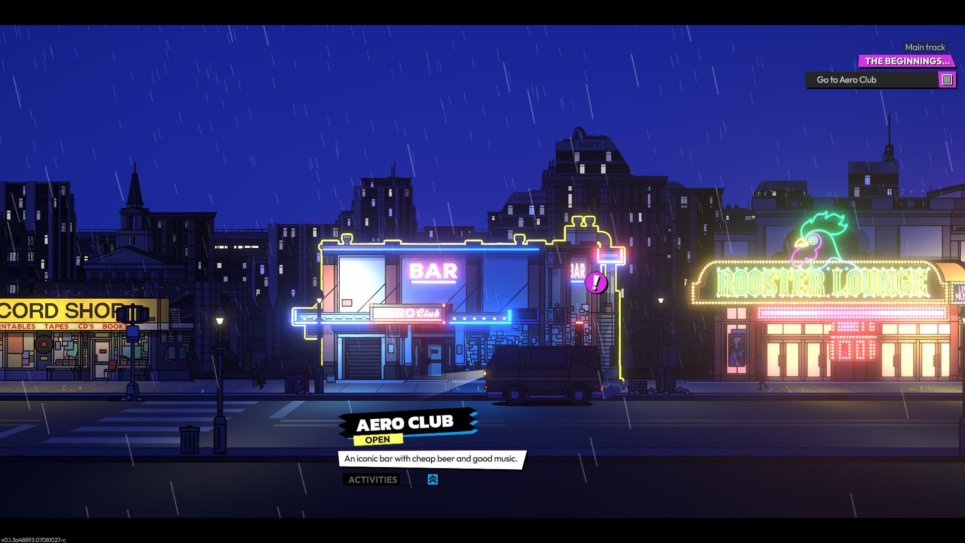 Screenshot from ROCKBEASTS. A rainy nighttime scene in one of the streets of Buxville. 3 buildings are in view on the street, lit with neon signs and conventional lights. A camper van is pulled up outside a bar called Aero Club.