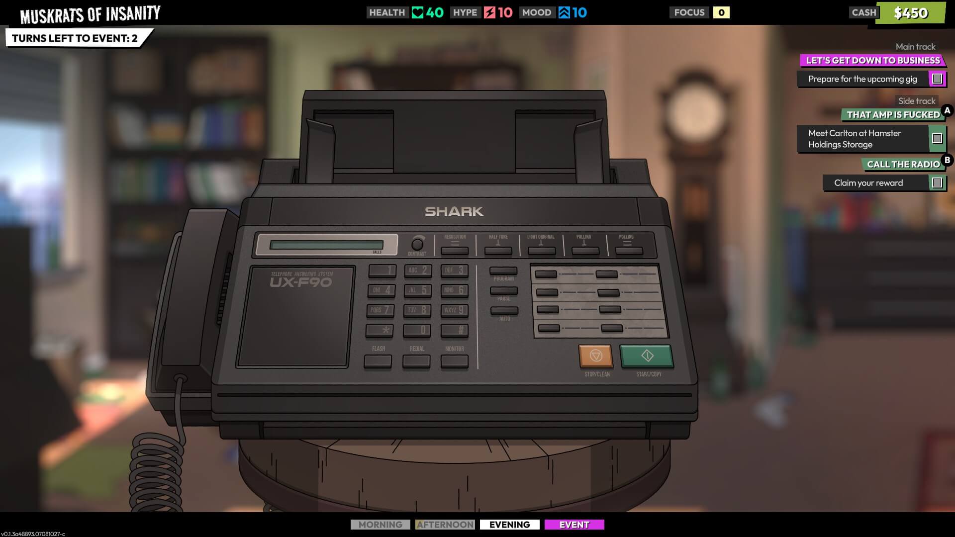 Screenshot from ROCKBEASTS. A very accurate representation of a 90s fax machine resting on a wooden stool.