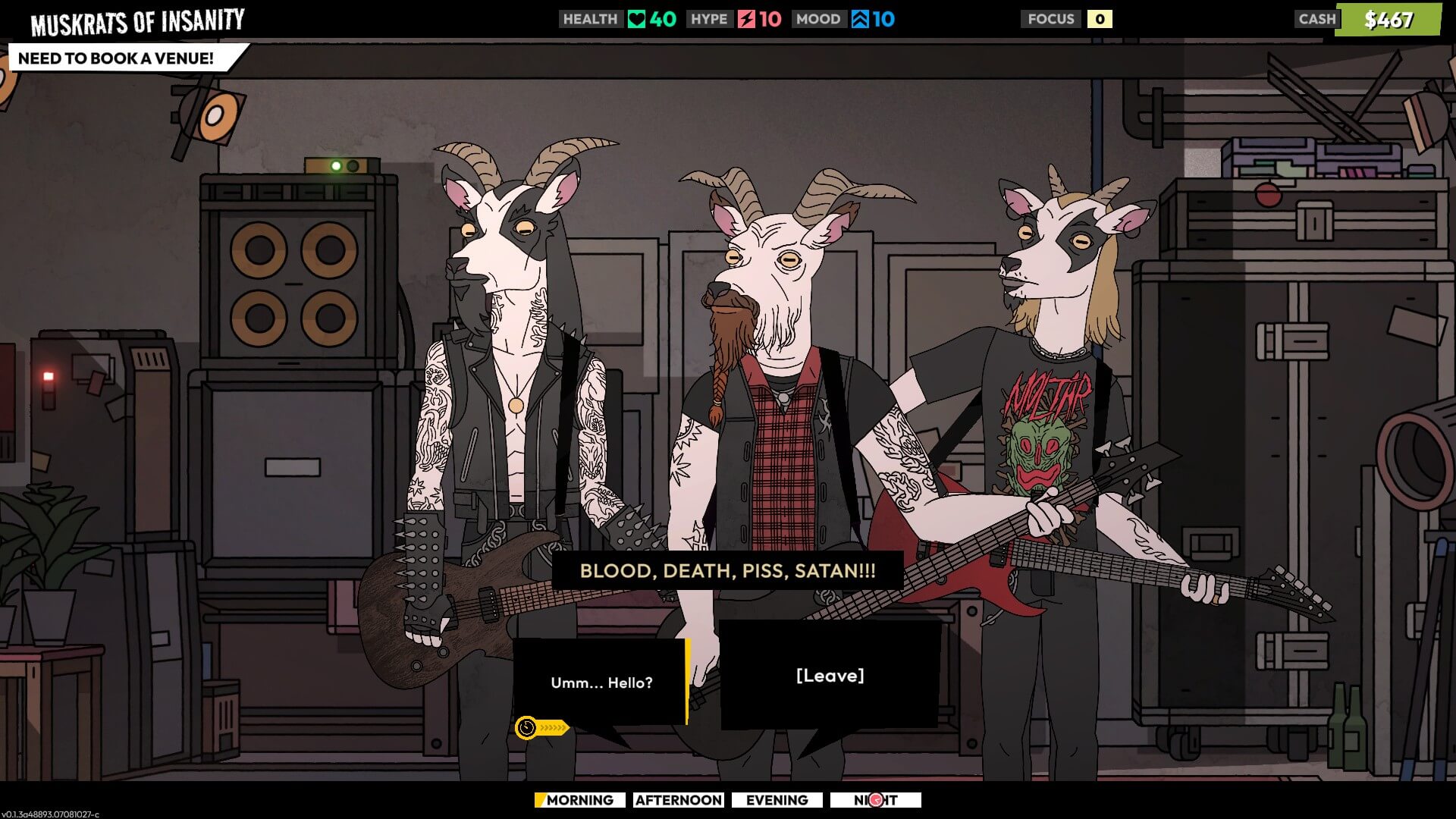 Screenshot from ROCKBEASTS. A heavy metal band, consisting of three anthropomorphic goats, playing guitars in a practice room. The lyrics they are singing are: “Blood, Death, Piss, Satan!!!”