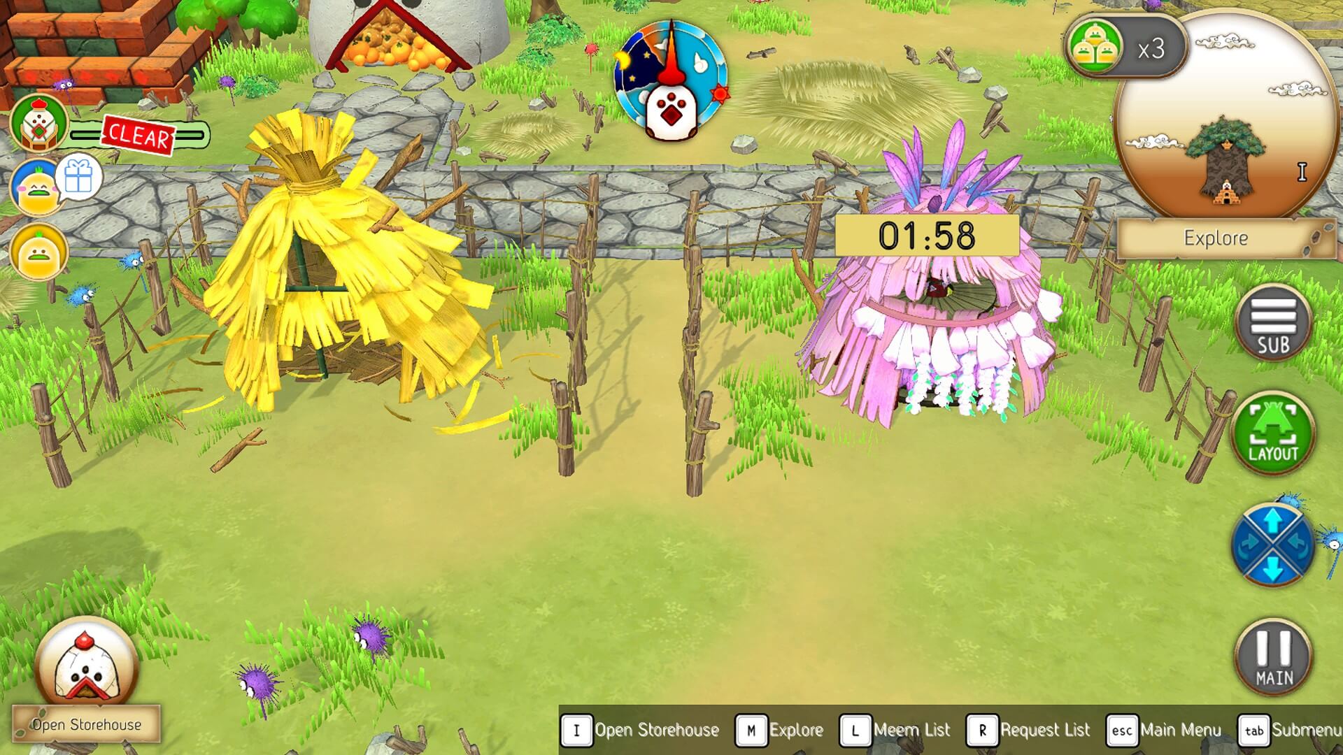 A vibrant game scene featuring a yellow straw hut, a pink hut, and a timer, set in a grassy landscape with interactive elements.