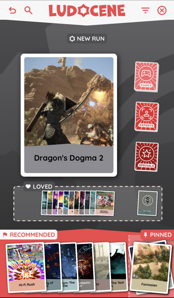 An in progress 'run' on Ludocene mobile. 5 'recommended' games are shown at the bottom of the screen, with a pile of 'pinned' games next to it.