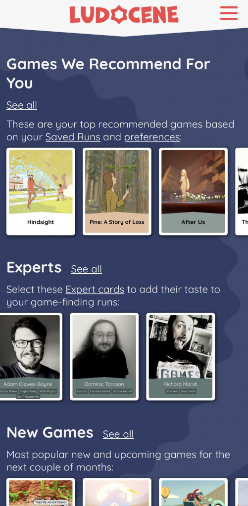 Ludocene's homepage on mobile showing the user a list of recommended games, along with so new, popular, upcoming games, and a few expert cards.