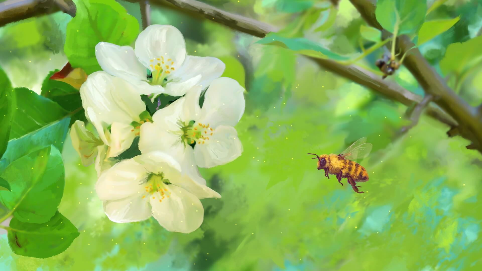 A honeybee hovers near white blossoms on a leafy branch, surrounded by a soft, vibrant green background.