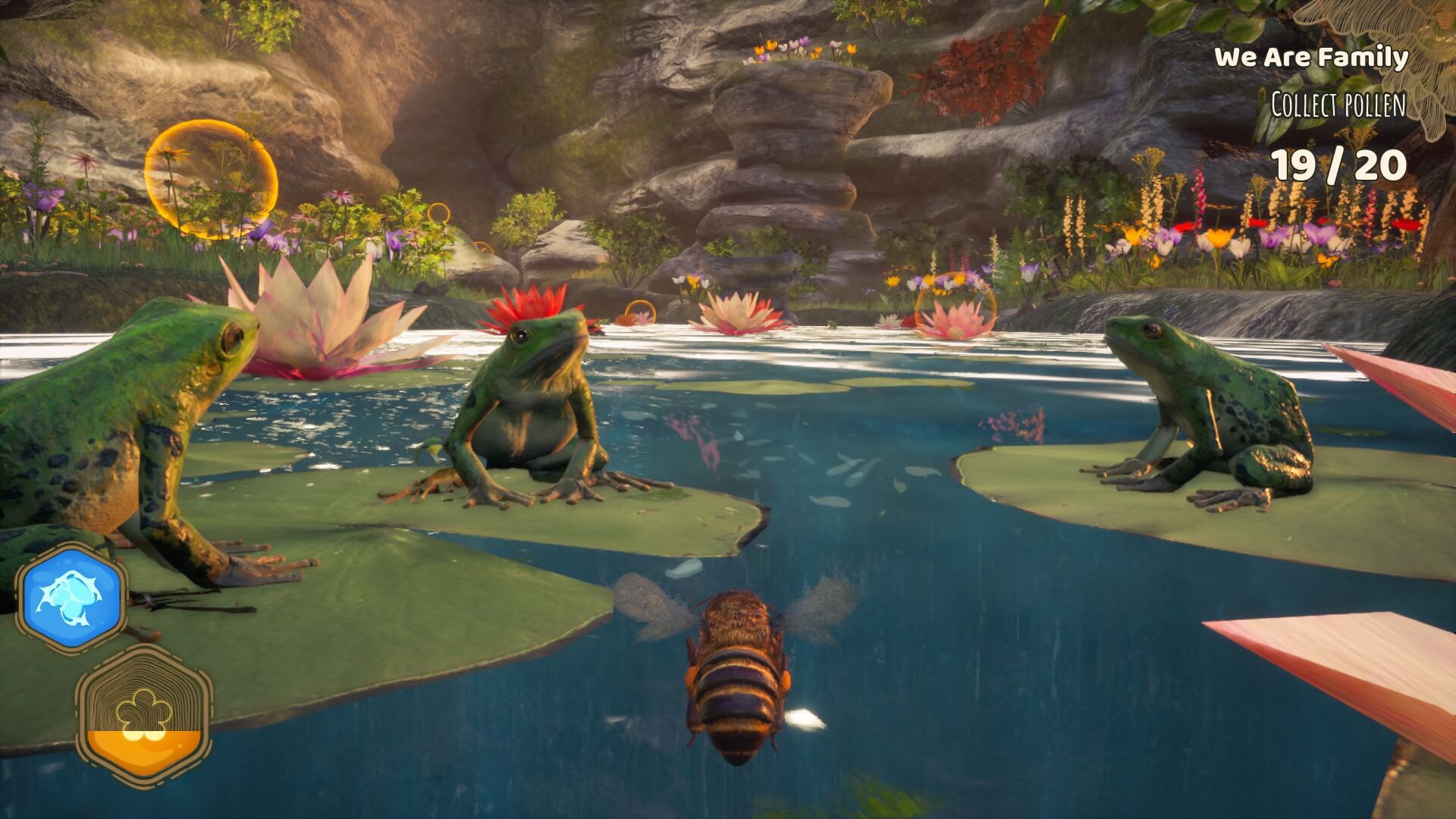 A close-up of a pond scene featuring three frogs on lily pads, with a bee buzzing above, surrounded by colorful flowers and plants.