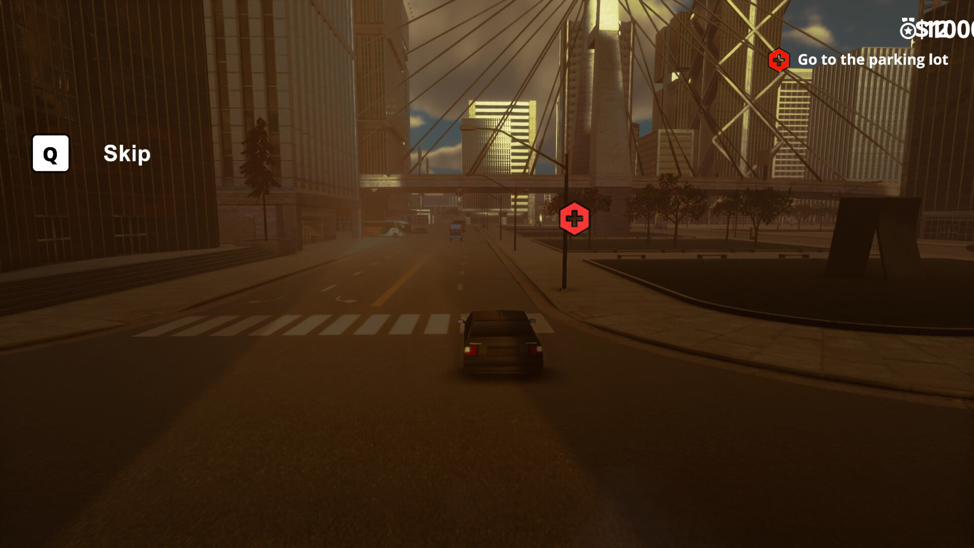 A black sedan car driving through a nearly empty city. A red cross is shown as a marker for the player to head to. 