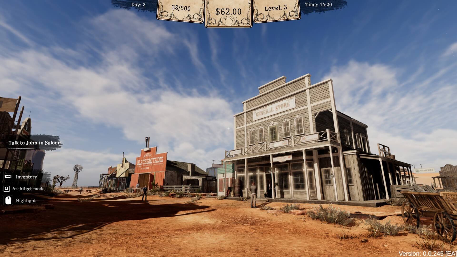 a large rustic building with the sign says "general store" various other buildings are seen in the distance. 