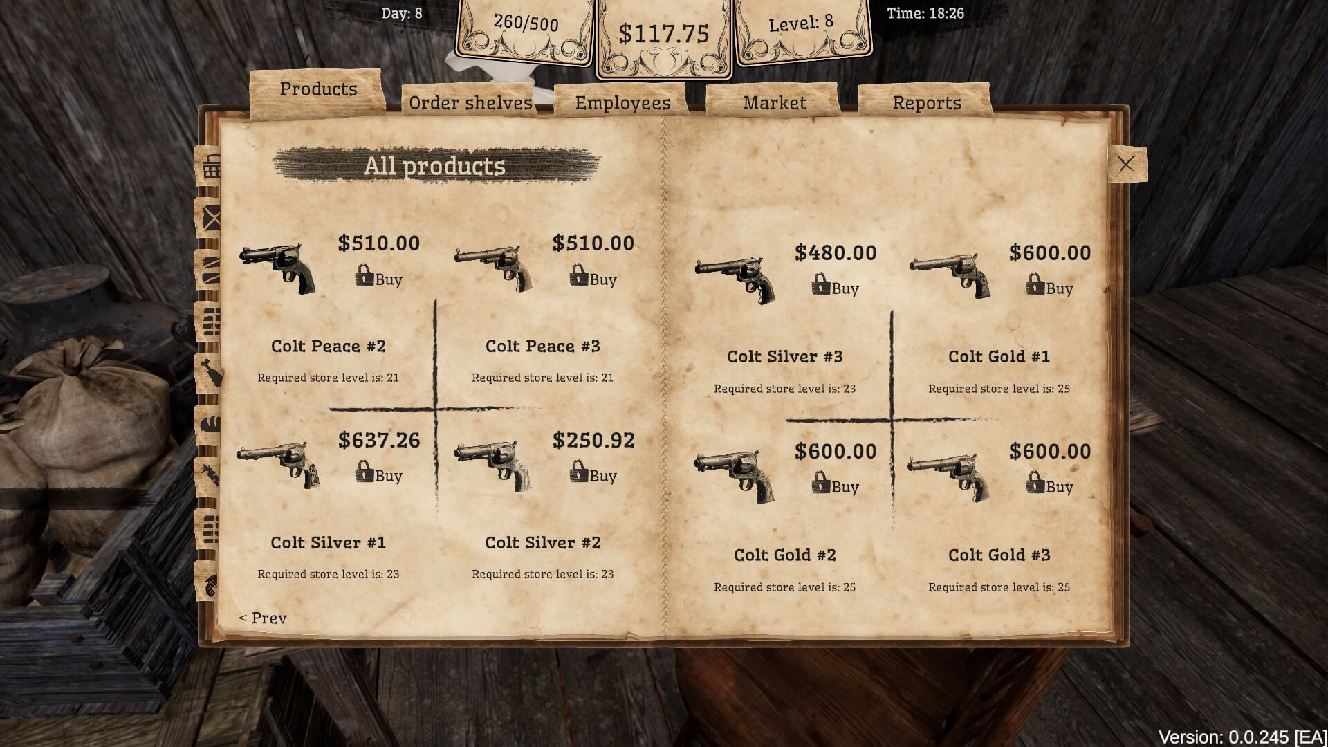 A catalogue with illustrations of various different guns. Each one has the name and cost besides them. Above are several tabs for the player to look through. 