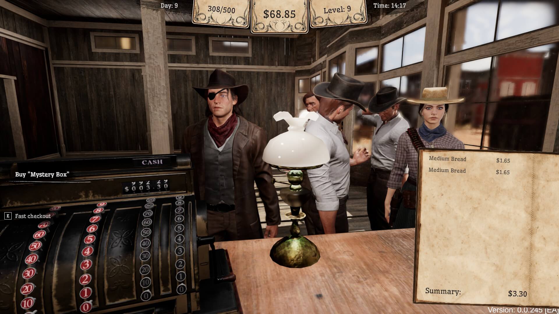 A small line of people at a check-out being ready to serve. One man is wearing an eye patch. The till itself has various buttons, with two rows in red and two in black. A book that adds up the price for the player is on the right. 