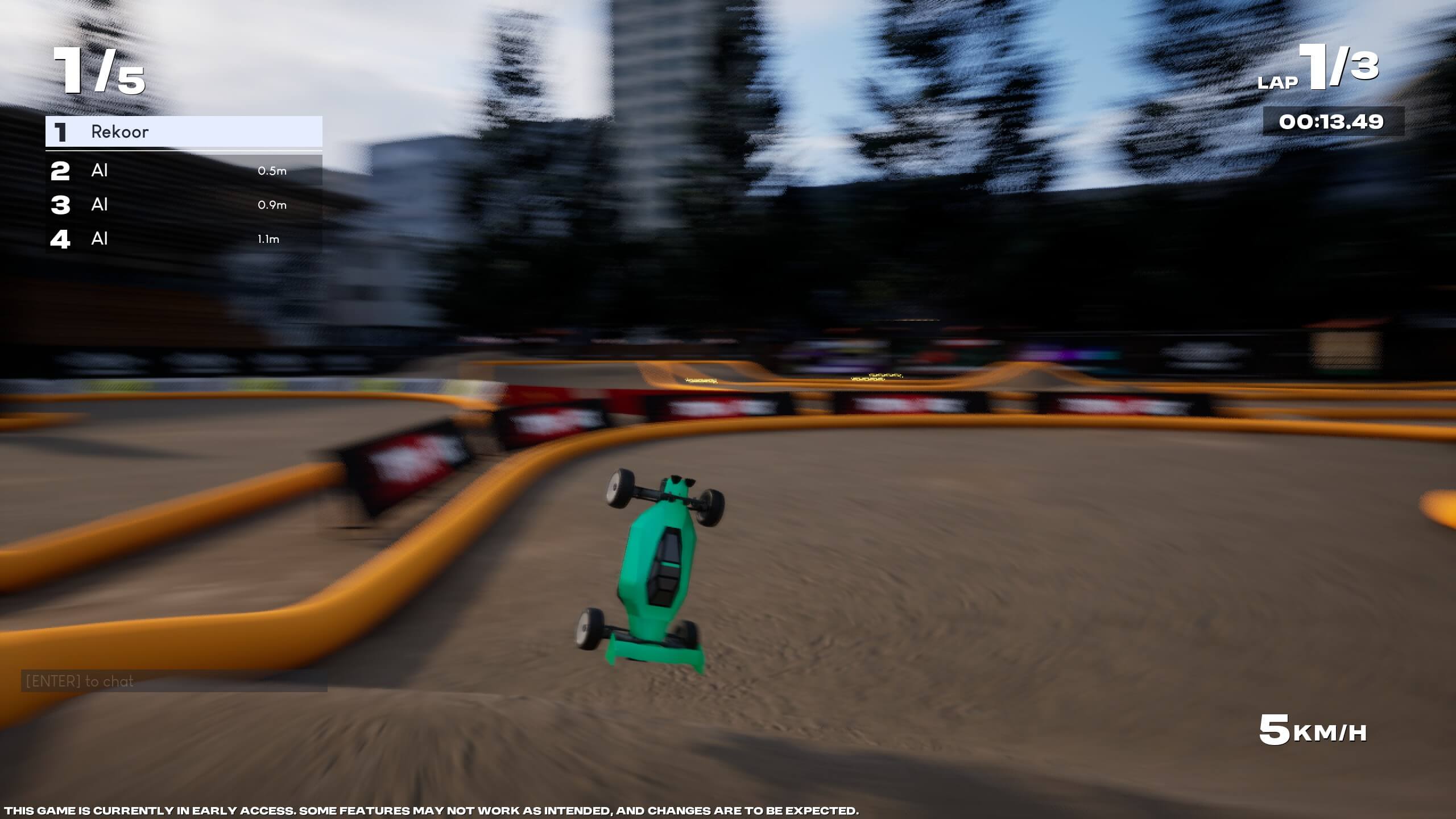 Screenshot from Recharge. A teal RC car is airborne as it races through a track complete with lane-marking barriers and advertising boards.