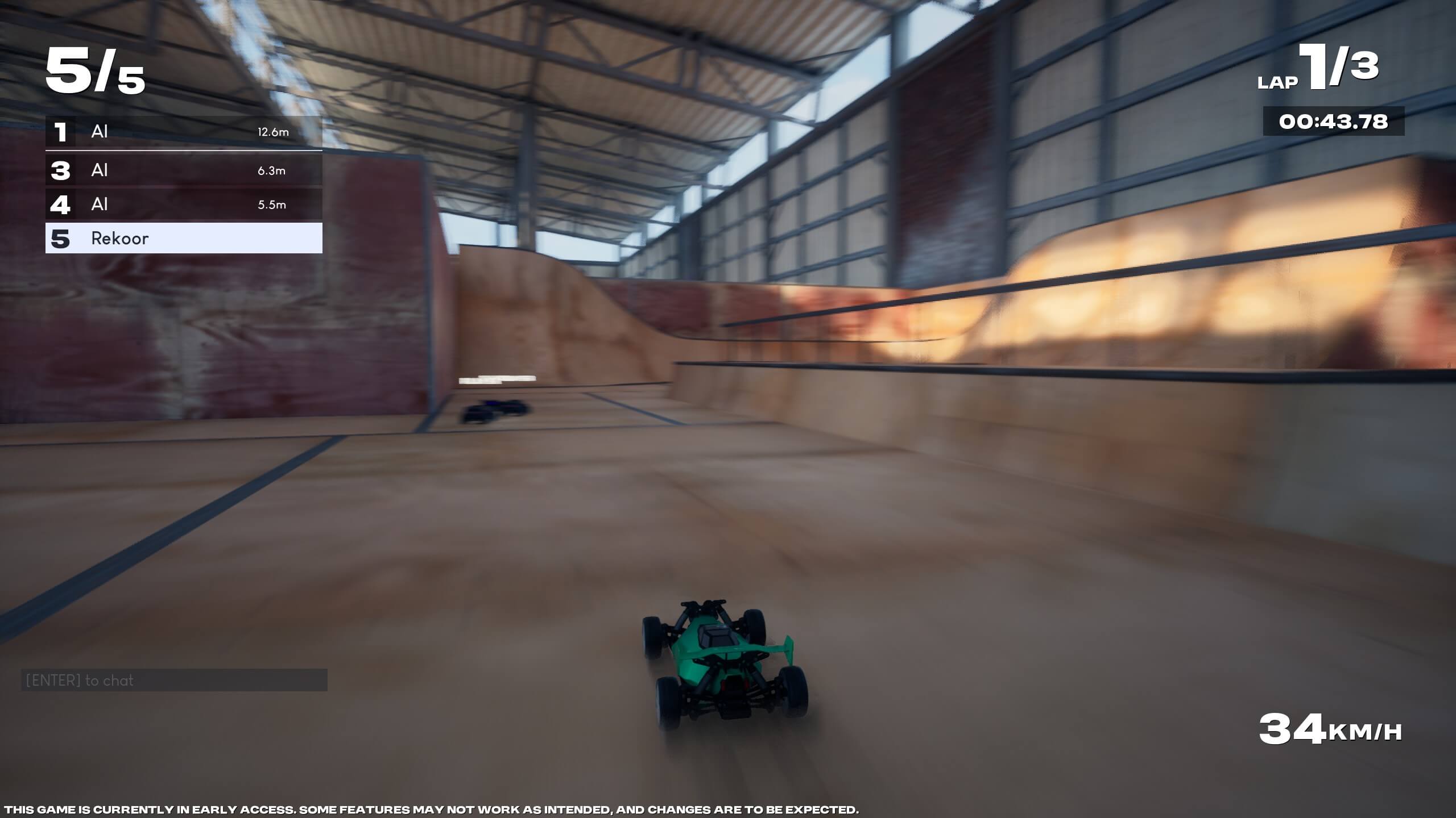 Screenshot from Recharge. An RC car is racing centre screen on a track that looks like an indoor skate park.