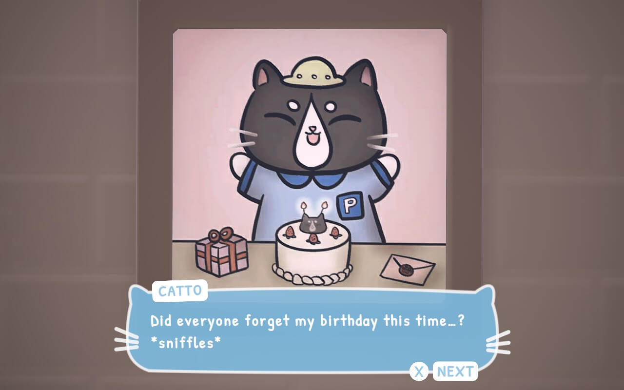 Screenshot from Catto's Post Office. A cute cat wearing a hat and a shirt stands beside a birthday cake, looking sad and wondering if anyone remembered its birthday.