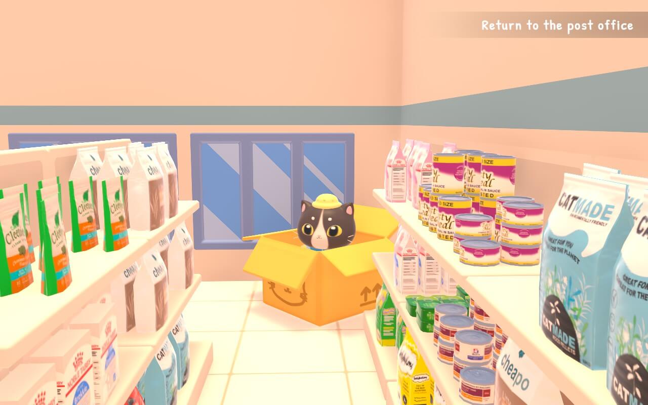Screenshot from Catto's Post Office. A playful cartoon cat with a small hat peeks out from an open cardboard box in a colourful pet food store aisle.