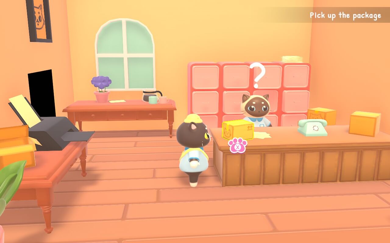 Screenshot from Catto's Post Office. A cute cat character approaches a desk with a puzzled employee cat, surrounded by boxes and office items in a cosy room.