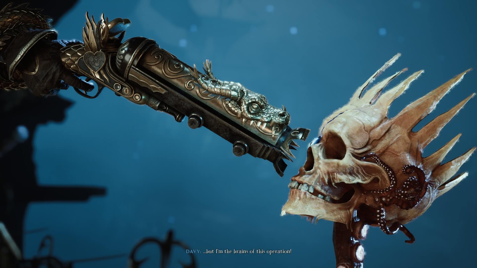 Captura de pantalla de Davy X Jones. Se apunta una pistola a un cráneo que parece usar una corona. Un subtítulo atribuido al personaje que Davy dice: 