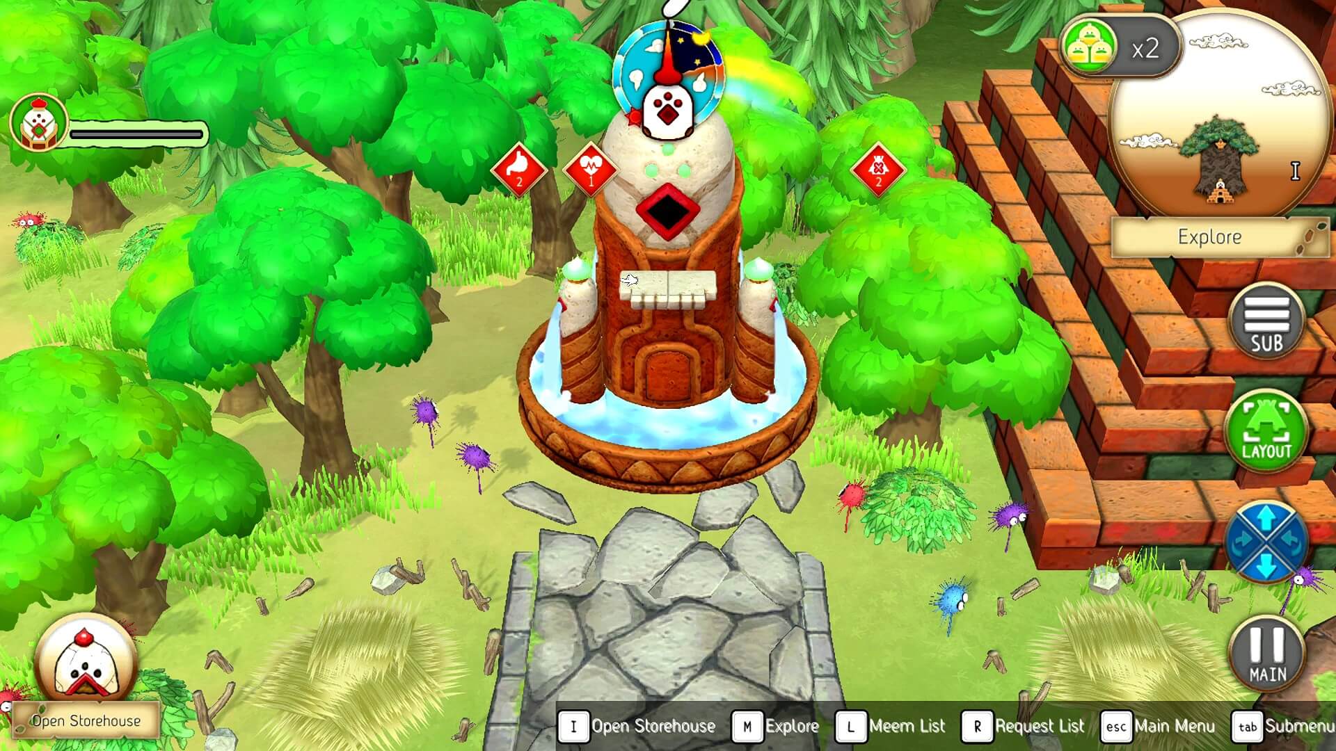 A whimsical game scene with a colorful storehouse surrounded by lush green trees and playful creatures in a vibrant outdoor setting.