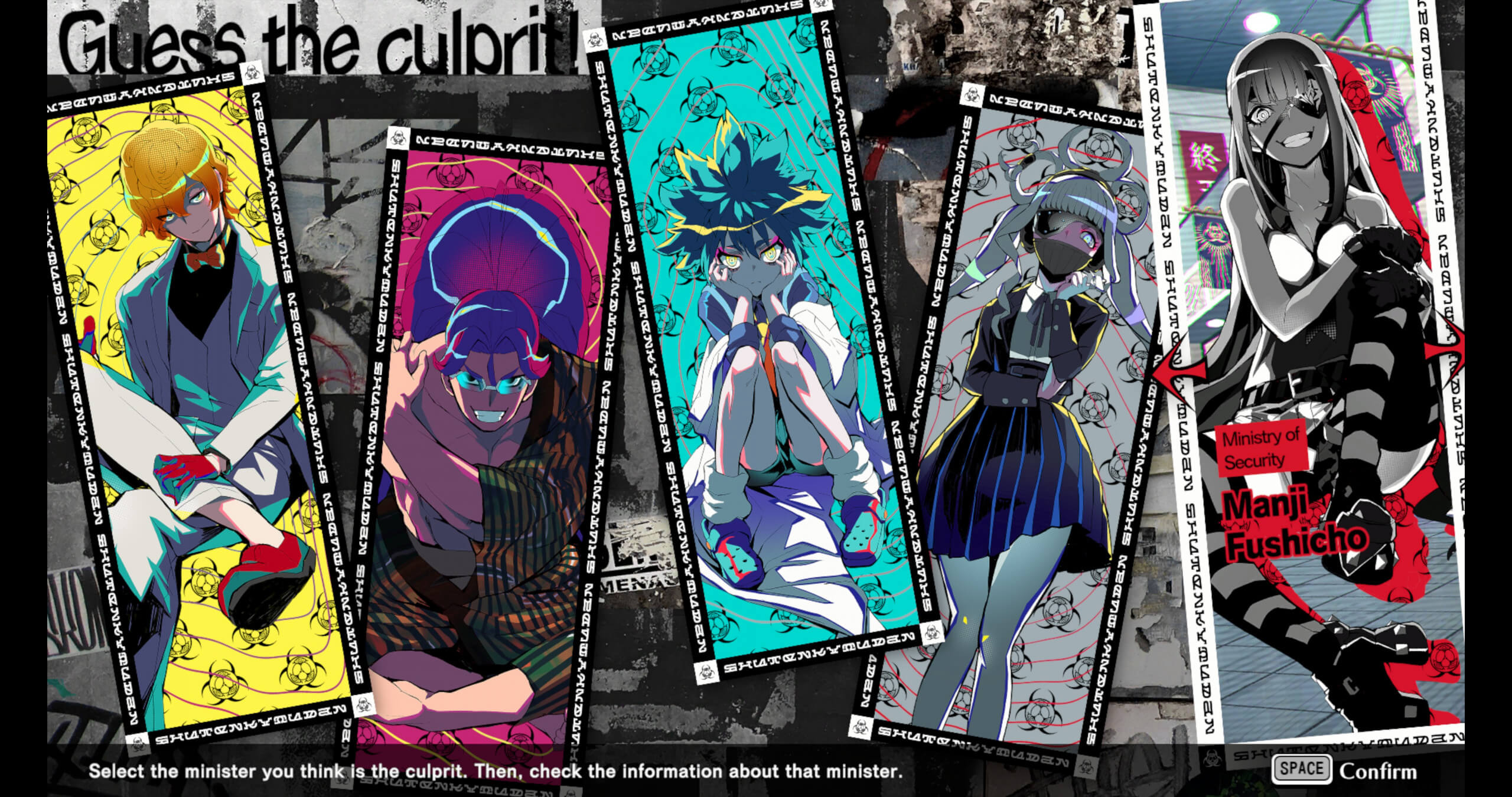 A lineup of vibrant and stylized characters with colorful backgrounds, each representing a unique personality in a dark, urban theme.