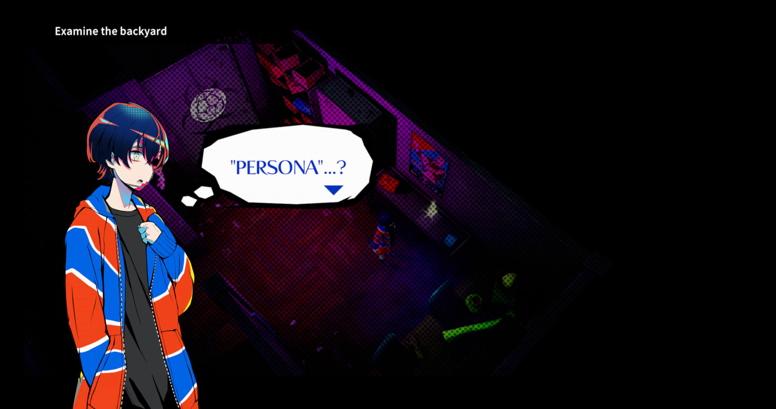 A character in a colorful hoodie stands in a dimly lit room, contemplating the word "PERSONA" amidst quirky wall art.