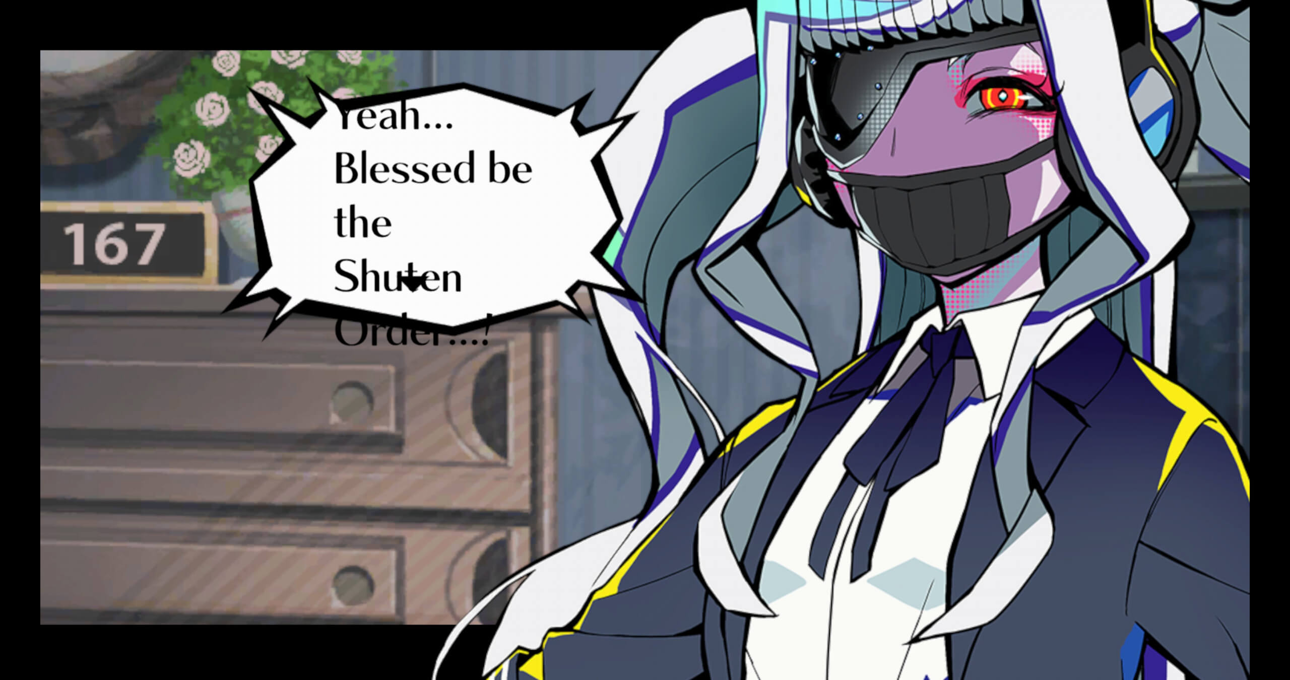 A futuristic character with purple skin and robotic features, wearing a suit, speaks about the "Shuten Order" in a shadowy room.