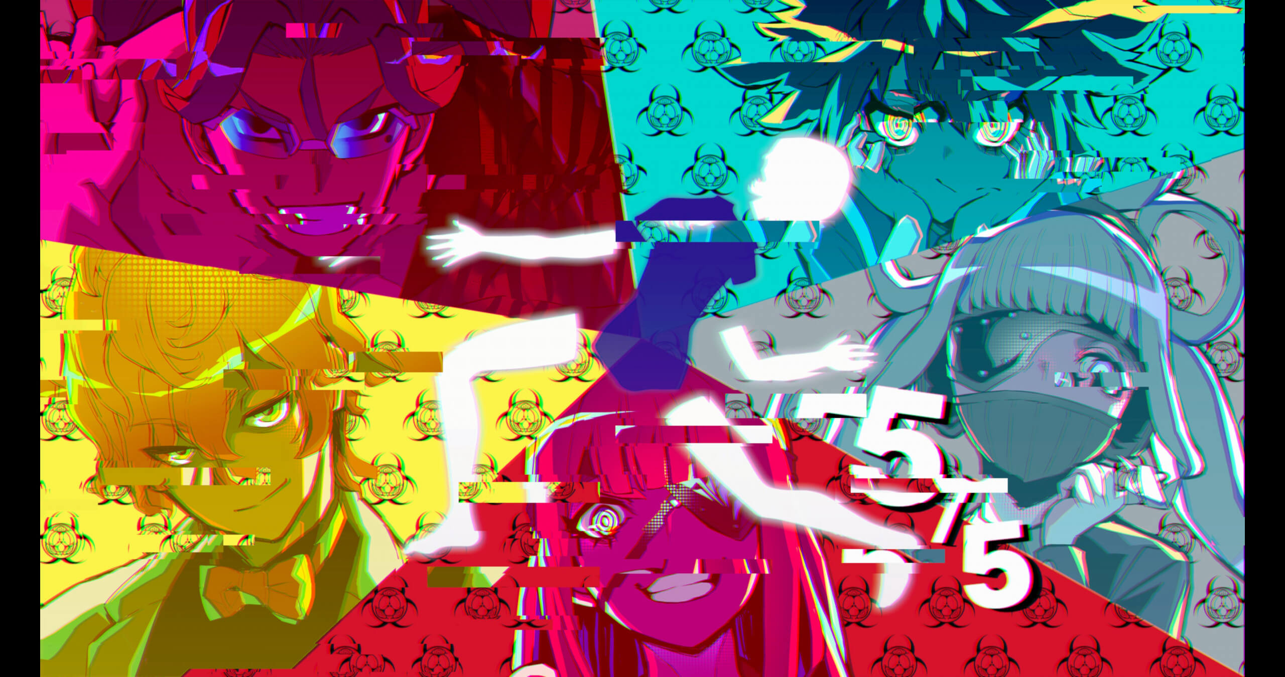 Colorful digital art featuring animated characters in a glitchy, fragmented style, with patterns of biohazard symbols in the background.