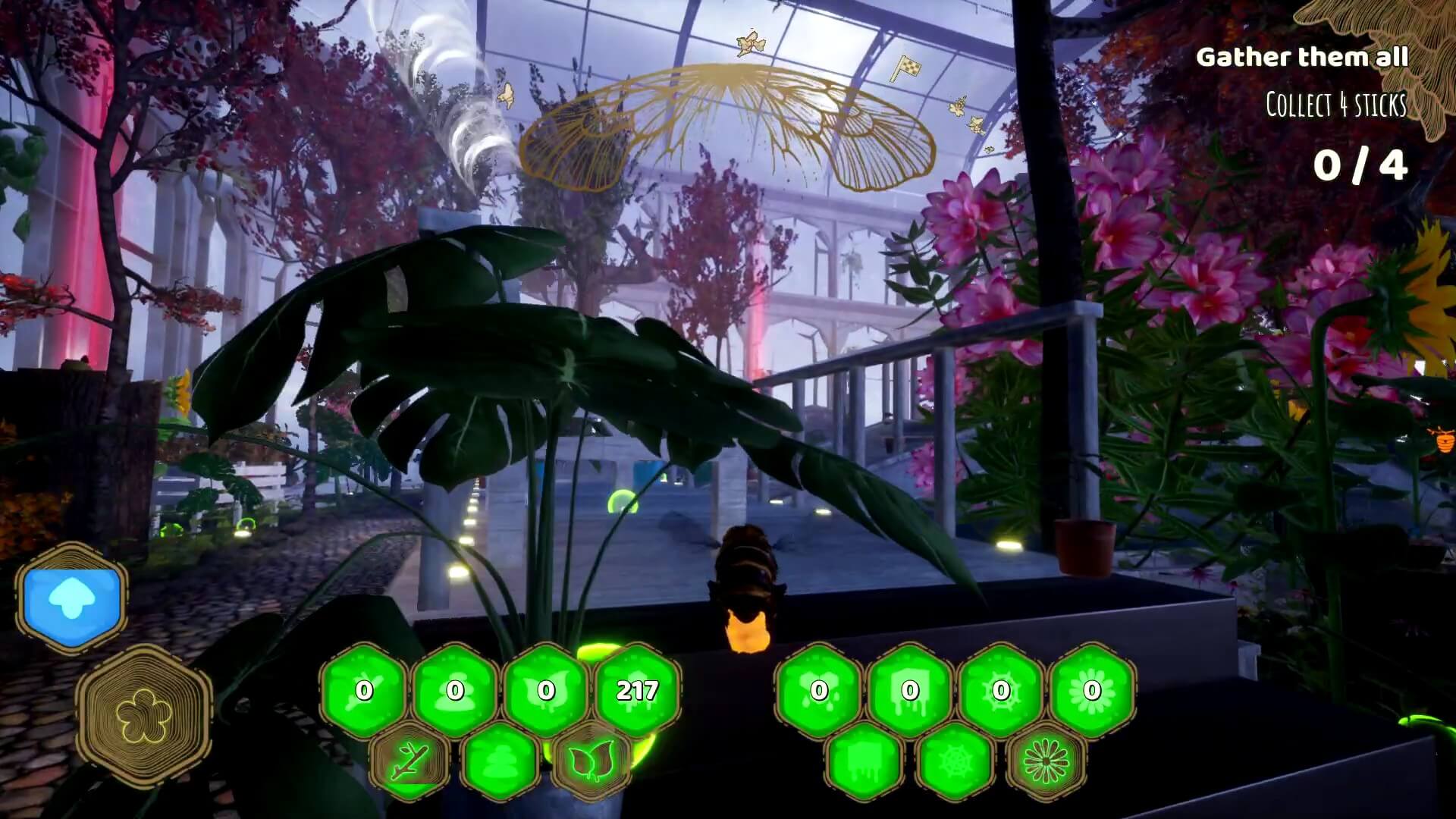 A vibrant greenhouse scene featuring colorful flowers, lush greenery, and a small insect character with a user interface displaying stats.