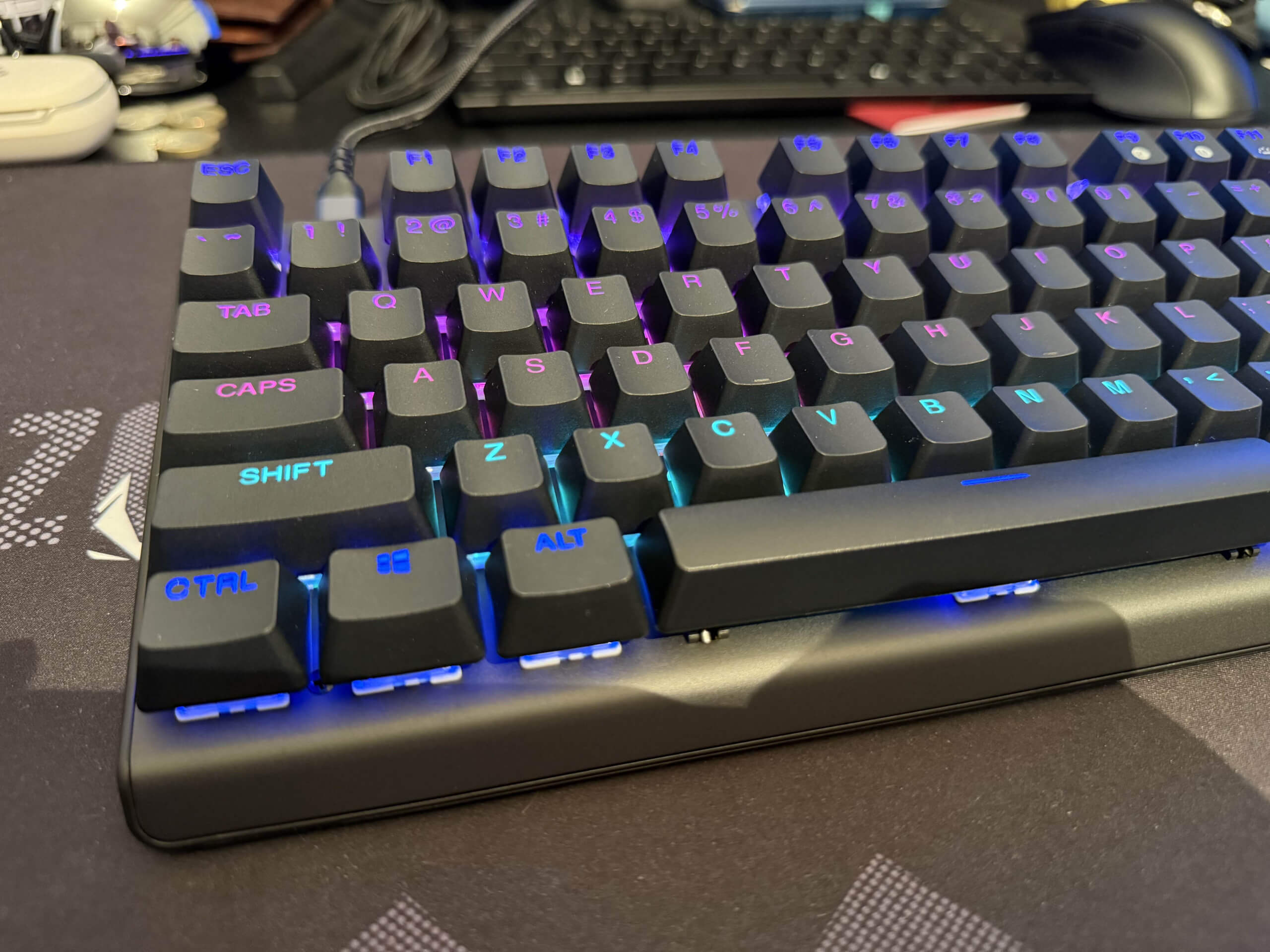 image of the apex pro keyboard looking at one corner of the keyboard, the build quality and quality of keycaps is apparent in this picture