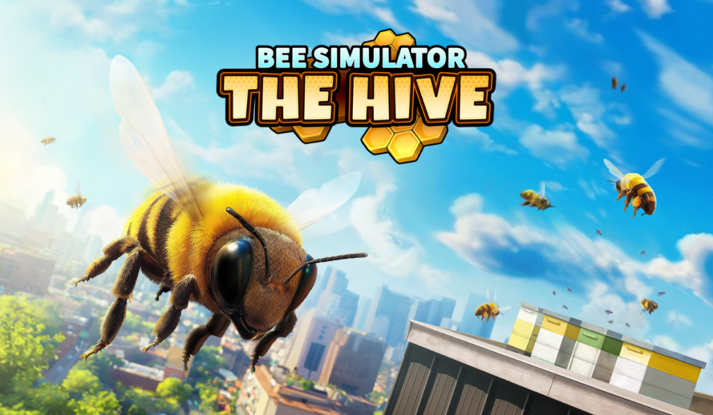 A large bee flies in front of a city skyline, with a beehive in view, promoting the game "Bee Simulator: The Hive."