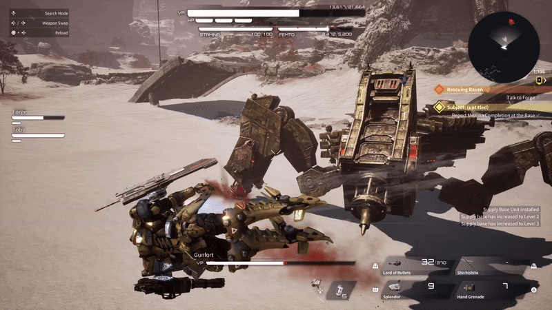 The pilot circles the giant machine before slashing at its leg. It then proceeds to take out a mini-gun to use. 