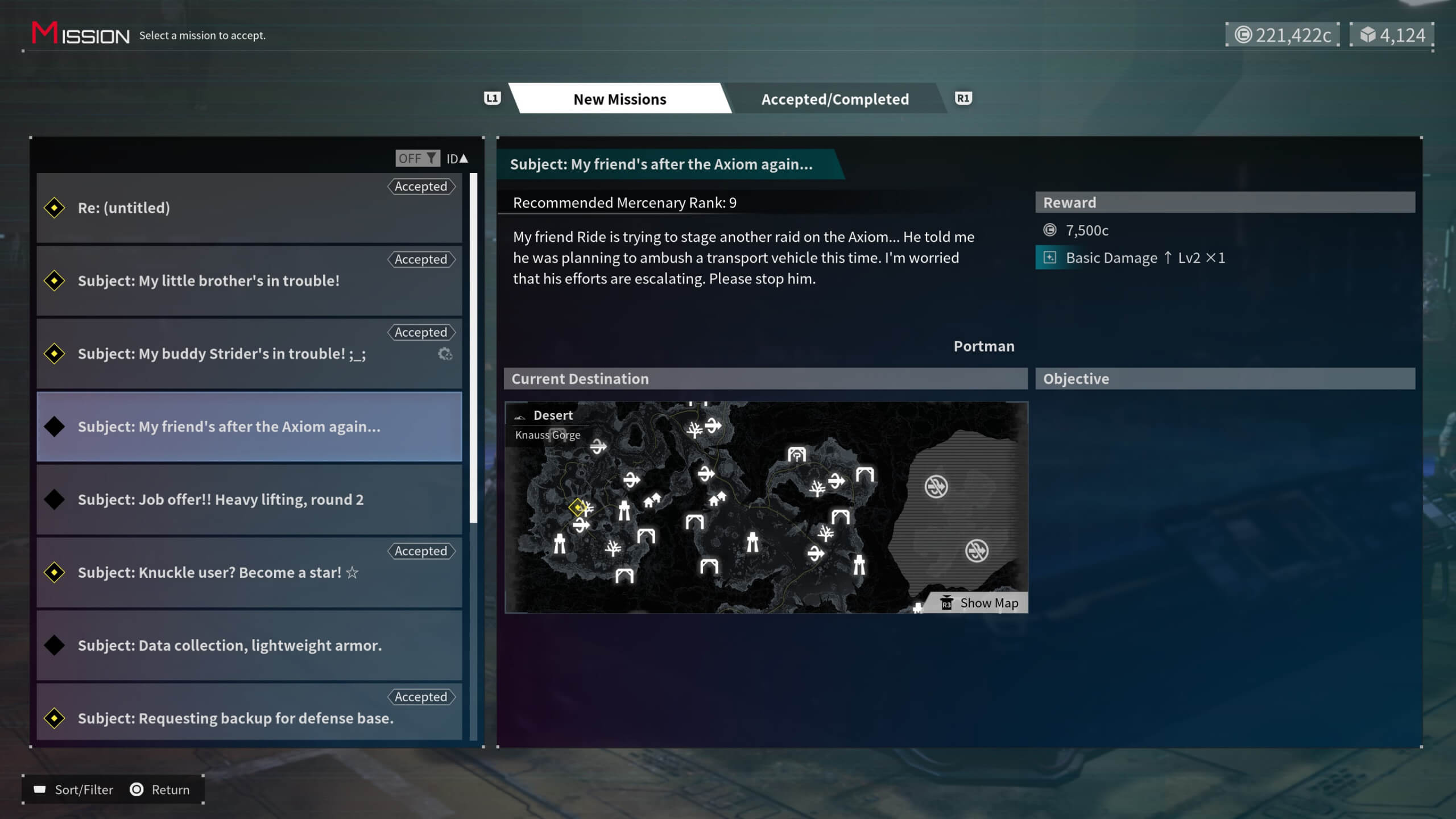 A log of missions for the player to take on. Some have a yellow diamond to represent what has been accepted. a small map is visible with various symbols. 