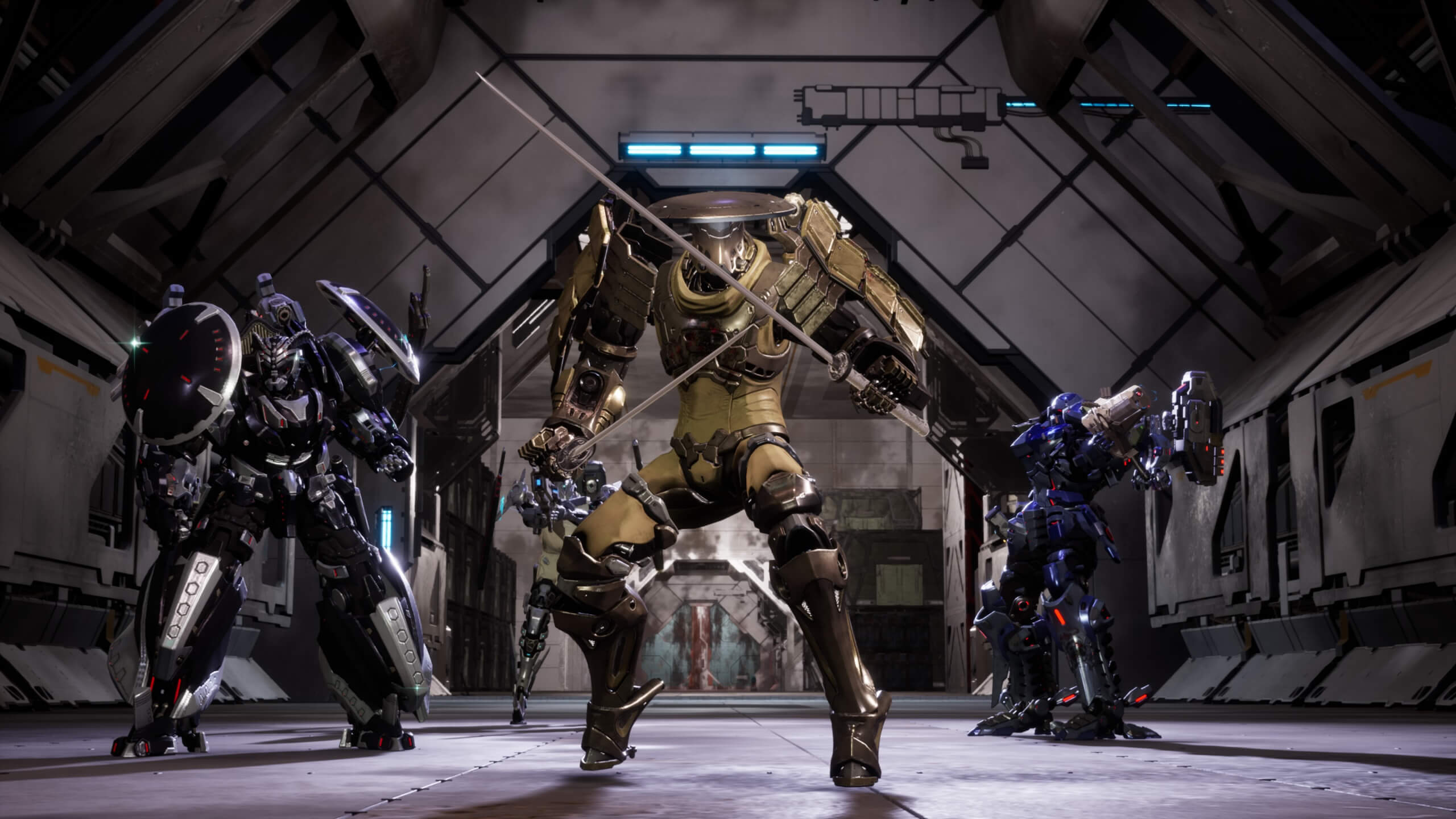 Four mech in various sizes, each is a different colour. The middle mech is holding two swords. 