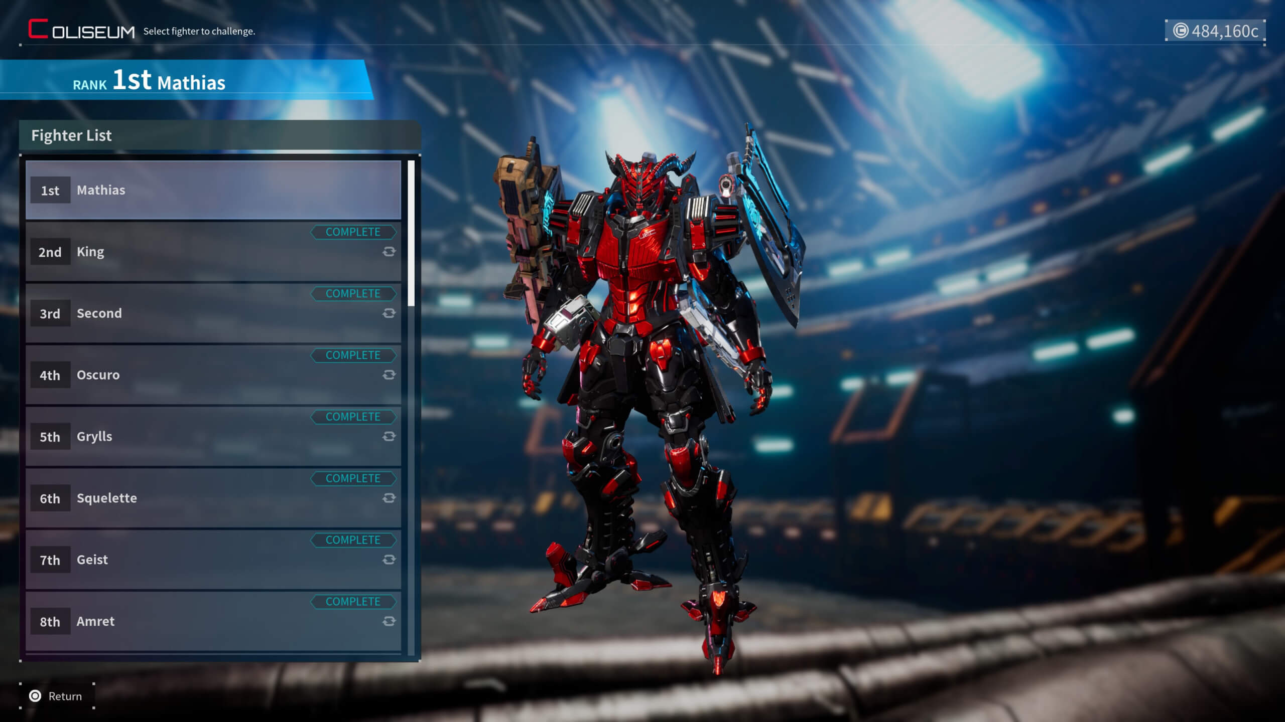 A mech stood battle ready. To the left is a list of names and ranks for the player to rise through. The mech is coloured in a red and black pattern.