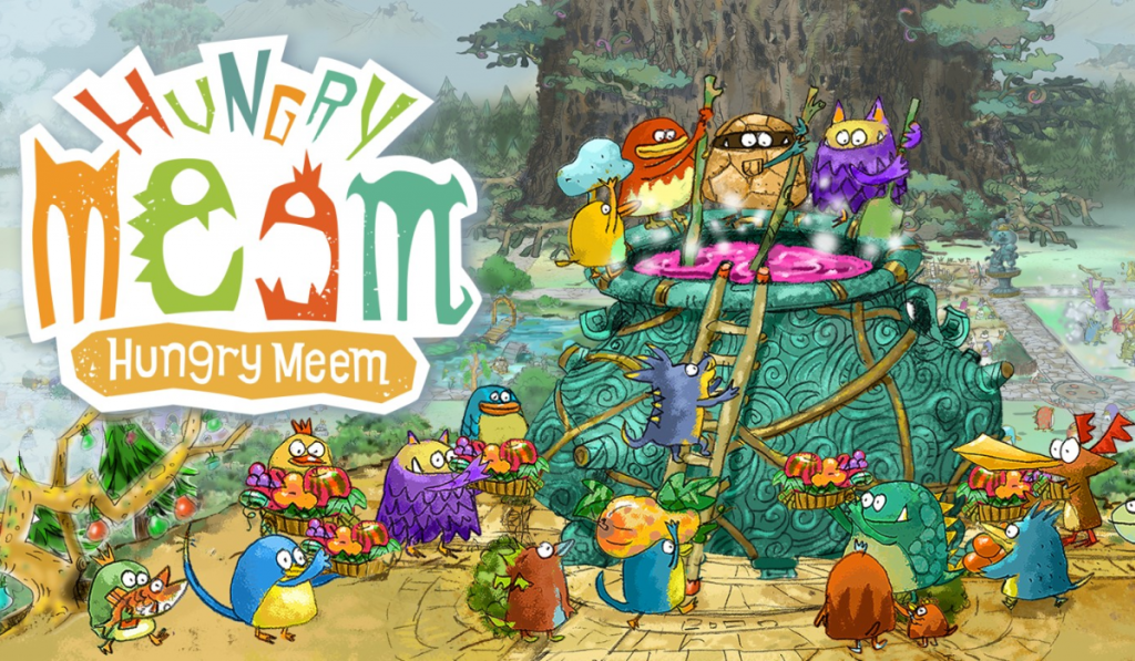 Colourful characters gather around a large cauldron in a vibrant fairytale setting, promoting the game "Hungry Meem."