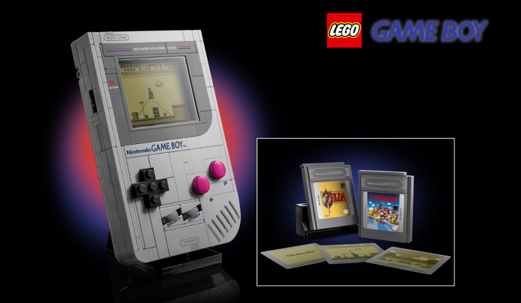 A LEGO model of a Nintendo Game Boy, featuring a screen with game graphics, beside game cartridges for "Zelda" and "Super Mario Land."