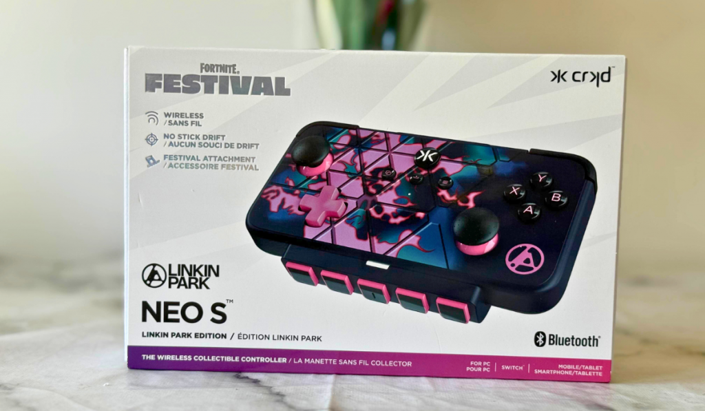A wireless Linkin Park-themed Fortnite NEO S controller from CRKD. Showcasing vibrant colours and unique design, in its sleek packaging.