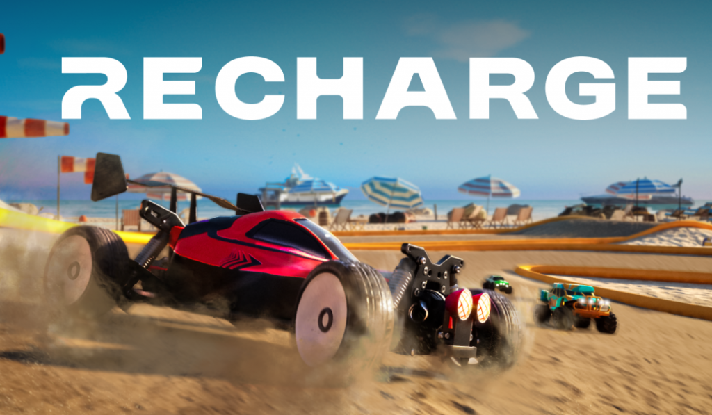 Recharge key art. An RC car tears up the dirt track in the centre of the screen as “RECHARGE” is in text above.
