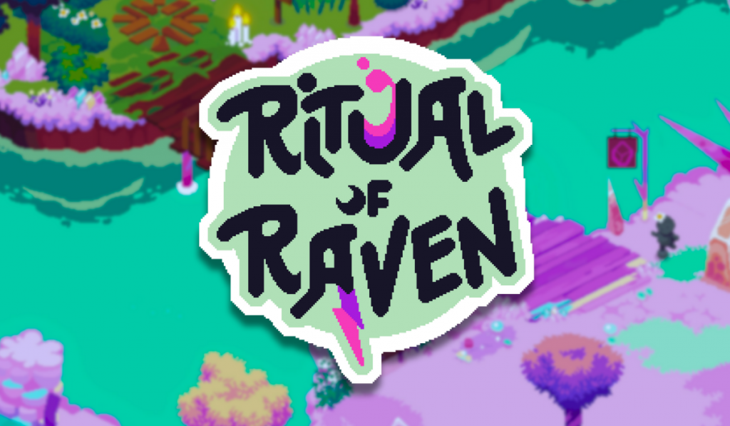 A splash image for the game Ritual of Raven. The logo is in the centre in front of a green river with a grassy bank on one side and a pink bank on the other.